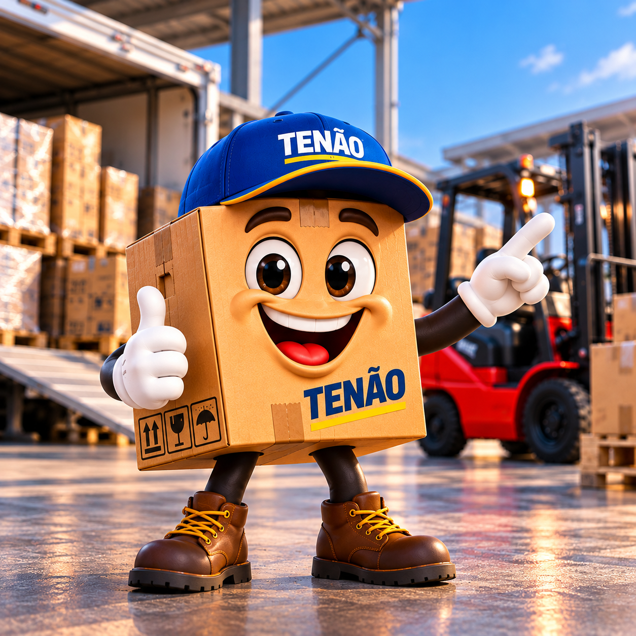 Mascote Tenão em área de carga com empilhadeira